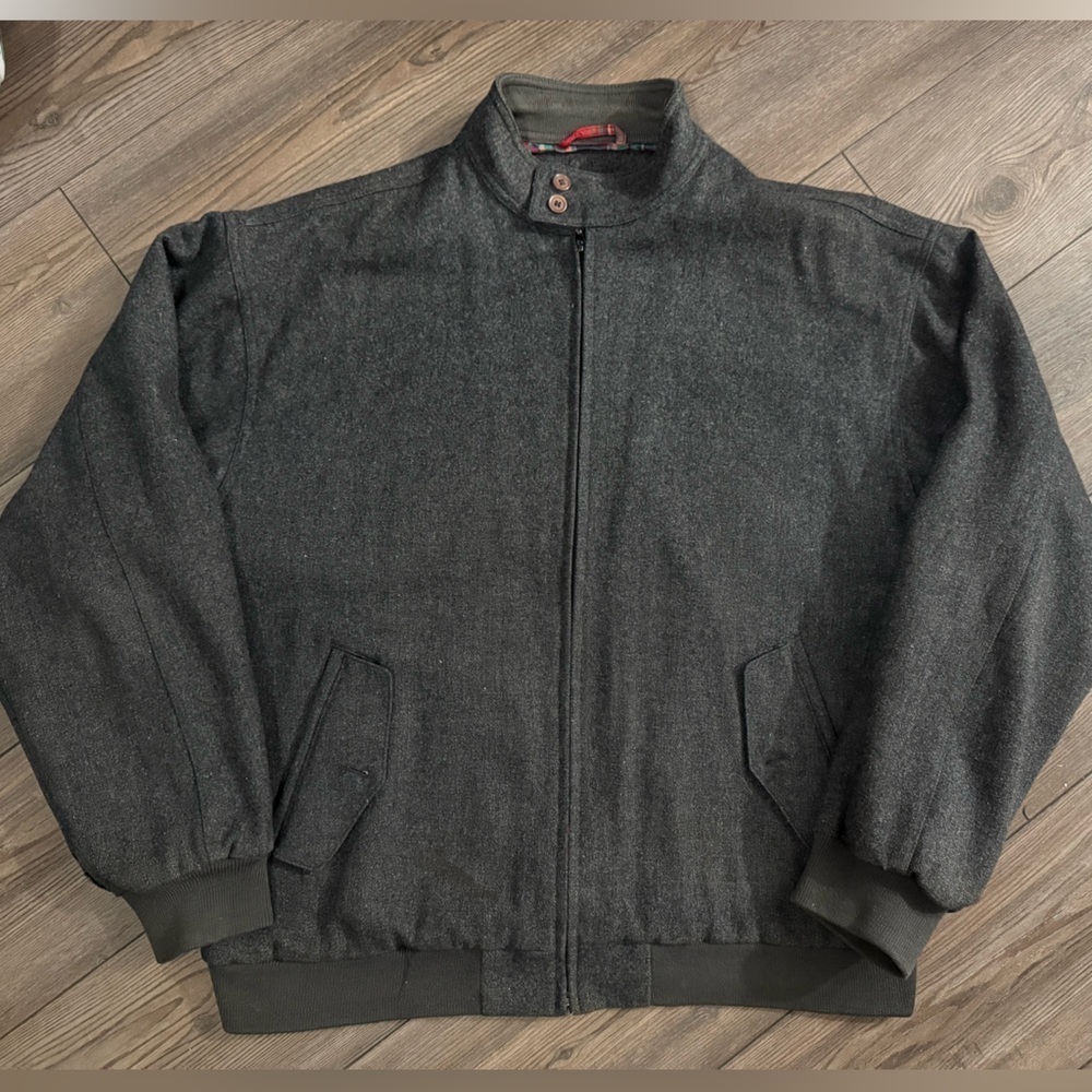 IZOD Wool Blend Bomber Jacket Men’s Large Charcoal Gray Plaid Lining Vintage